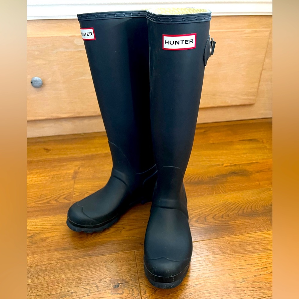 Navy blue tall hunter boots